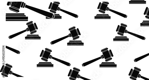 Black judge gavel pattern seamless background, legal justice symbol illustration, court law concept, auction hammer icon set, judiciary system theme, monochrome vector design