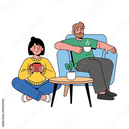 Couple relaxing at home, drinking coffee, casual lifestyle, cozy atmosphere