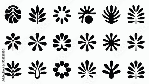 Collection of organic autumn logo silhouettes featuring various fall leaves and flowers on white background for branding and design