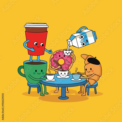 Cute anthropomorphic coffee, donut, croissant, and milk characters having breakfast together