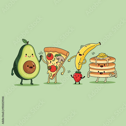 Cute cartoon avocado, pizza, strawberry, banana, and pancakes dancing together