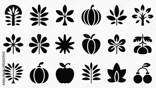 Autumn seasonal branding icons set with black silhouette logo designs for fall including leaves fruits and flowers on white background