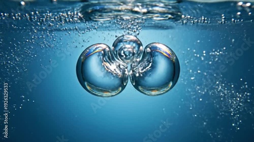 Bubbles rise through clear water as light filters in from above in deep blue tones during a sunny day