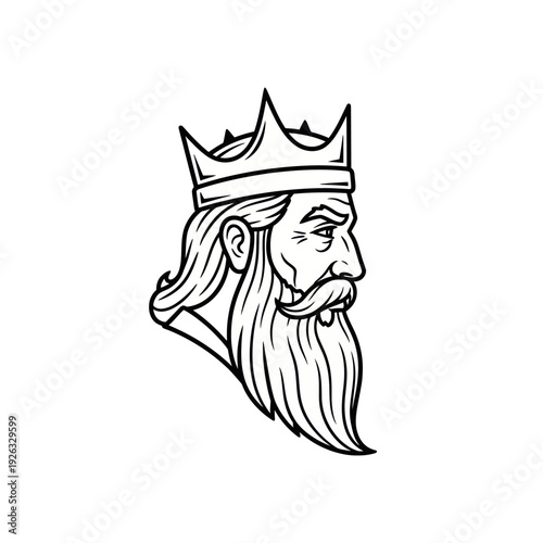 Monochromatic profile of a regal king with a crown and long beard.
