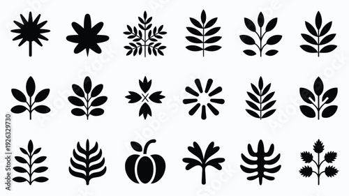 Autumn season logo silhouettes 35 unique leaf and flower icons in black on white background for design