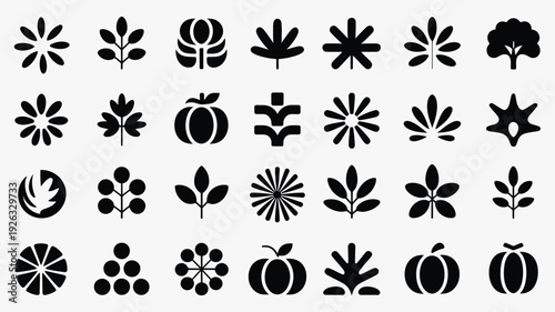 Autumn season logo and silhouette collection with leaves flowers pumpkins and fruits on white background for design and decoration