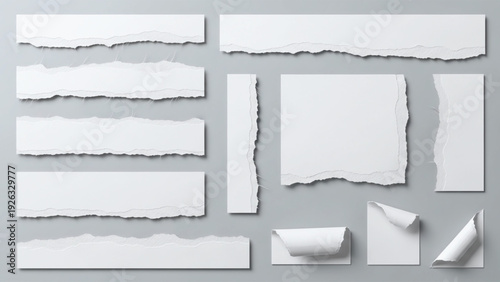 Collection of ripped paper shapes and torn paper pieces on gray background.