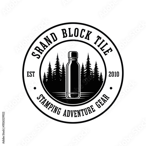 Outdoor Adventure Gear Logo with Forest and Water Bottle Design.