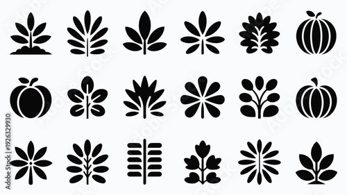 Autumn leaves and pumpkins silhouette logo bundle for fall season design black icons on white background for seasonal branding and marketing materials