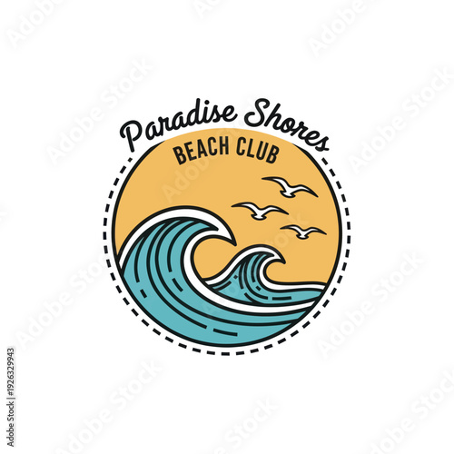 Paradise Shores Beach Club Logo with Ocean Waves and Seagulls.