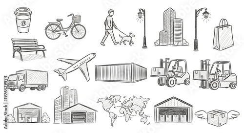 Collection of hand-drawn sketches depicting various transportation and urban elements.