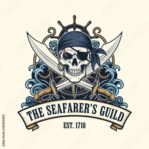 Pirate Skull with Crossed Swords and Ship Wheel Emblem.