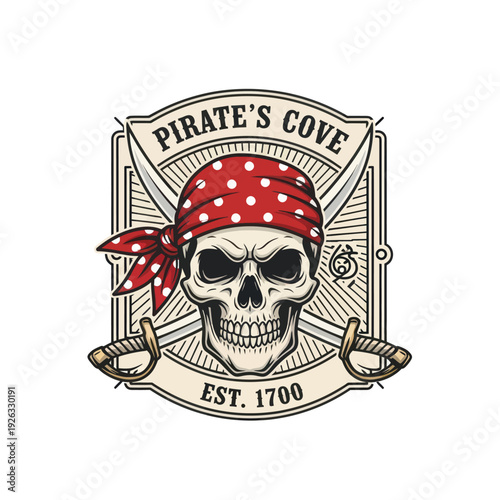 Pirates Cove Skull and Crossbones Emblem with Red Bandana and Swords.