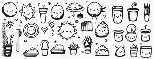 Cute hand drawn cactus and plant doodle set with smiling succulents, pots, and decorative elements. Black and white sketch style illustration for kids design, stickers, nursery decor, and playful bran