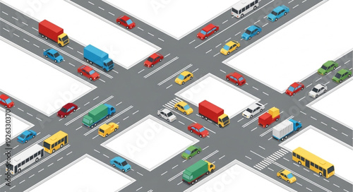 Isometric view of busy intersection with various vehicles and traffic flow.