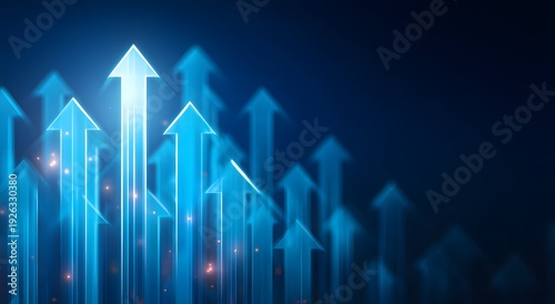 Abstract blue growth concept with glowing upward arrows representing financial success development progress market expansion corporate strategy vision performance improvement and data visualization