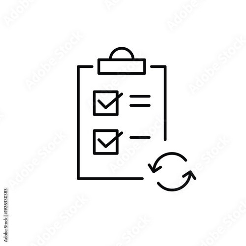 Checklist with ticks and renew arrows. Task update, workflow refresh. Pixel perfect, editable stroke vector icon