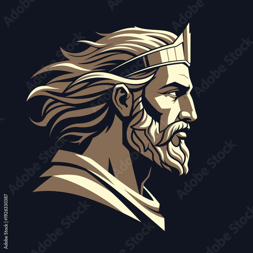 Regal King with Crown and Beard in Profile Illustration.