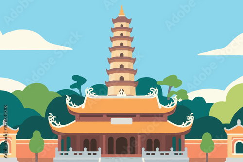 Illustration Of A Pagoda In A Temple Area, With Green Trees Behind And Around It Vector Design Template