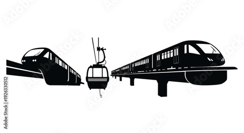 Silhouette of modern transportation systems, including trains and cable cars, for travel.