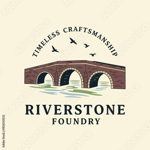 Riverstone Foundry Logo with Arch Bridge and Birds.