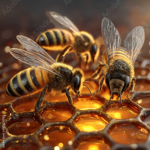 Close-up captures of diligent bees, diligently constructing their golden honeycomb, a testament to nature's architectural mastery.