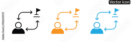 Set of vector icons illustrating people referring to goals in black, orange, and blue colors, conveying teamwork, leadership, and strategy in a modern and professional style.