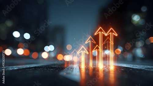 Group of luminous orange arrows climbing through urban night scene symbolizing recovery financial stability wealth creation company evolution positive trends and successful business operations