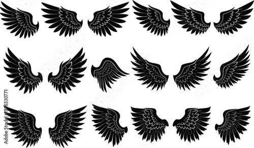 Collection of twelve stylized black wings vector illustration set showcasing diverse feather designs for fantasy art tattoo decoration and creative projects