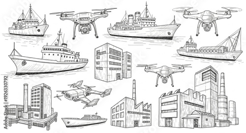 Detailed sketch of various ships, drones, and buildings, showcasing urban and maritime elements.