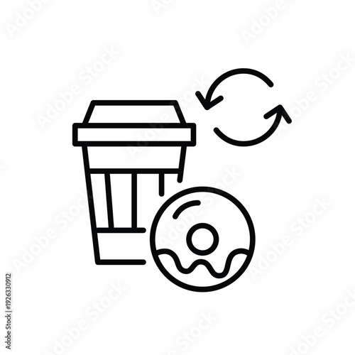 Takeaway coffee cup, donut and renew symbol. Beverage refill, dessert menu update. Pixel perfect, editable stroke vector icon