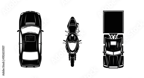 Overhead view of vehicles, including a car, motorcycle, and truck, in a row.