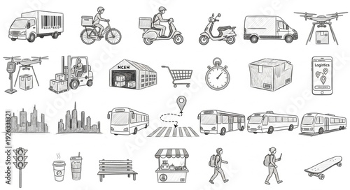 Collection of delivery vehicles and related objects in a sketch style illustration.