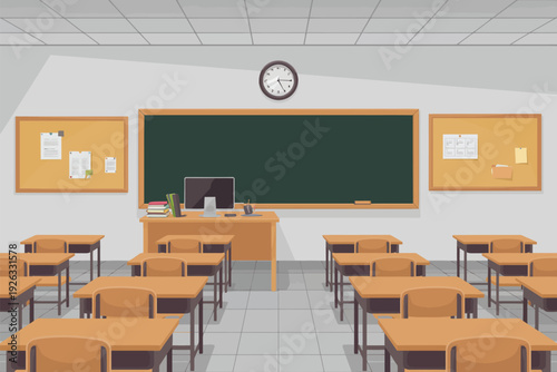 Vintage Classroom Interior Poster, wooden framed chalkboard, bulletin boards on both sides, brown analog wall clock above