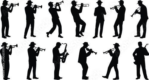 Silhouettes of trumpet players in jazz band, saxophone and guitar musicians performing, artistic ensemble practice, creative musical collaboration sceneSilhouettes of trumpet players in jazz band, 