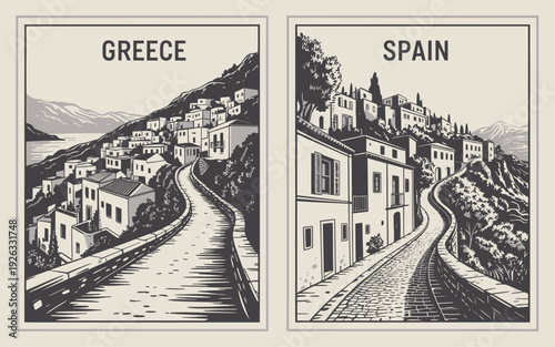 Greece Whitewashed Village Poster, stylized Mediterranean hillside illustration, cascading houses, retro travel poster aesthetic