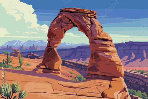 Red Sandstone Arch Poster, massive red rock arch, horizontal striations, bright blue sky, white puffy clouds