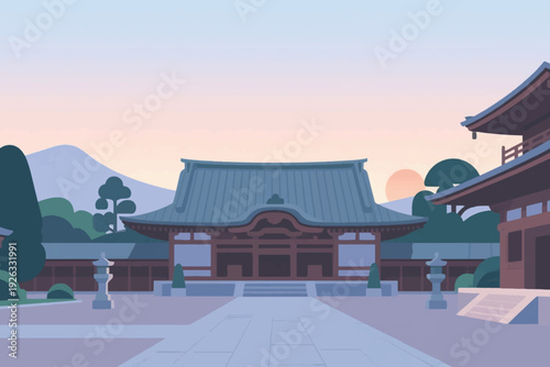 Illustration Of A Traditional Temple Building With A Large Courtyard Filled With Trees Around It Vector Design Template