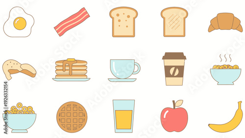 Assorted Breakfast Foods and Beverages Icons.