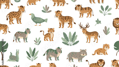 Seamless pattern with various wild animals and green plants on white background.