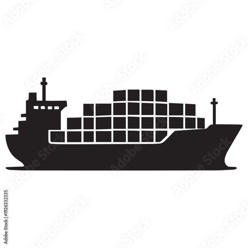 Container ship silhouette vector - global logistics and international trade cargo vessel with shipping containers flat design.