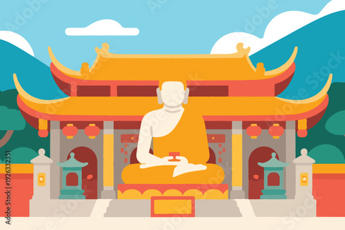 Illustration Of Buddha Statue In Front Of Temple With Mountains And Trees Around It, Blue Sky And Clouds Vector Design Template