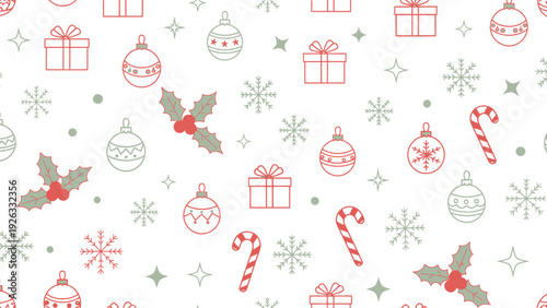 Seamless Christmas pattern with festive icons and snowflakes in red and green.
