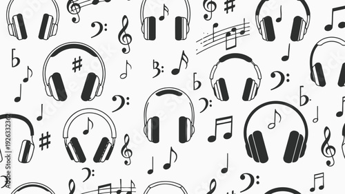 Seamless pattern of headphones and musical notes in black and white.