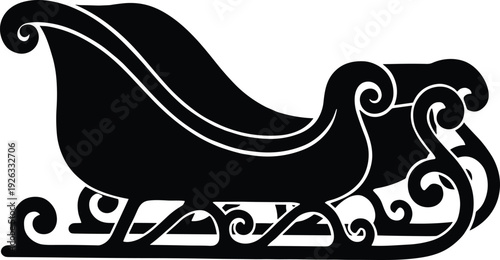 Black and white vector silhouette of an ornate Christmas sleigh for winter holiday celebrations Santa Claus delivery festive seasonal decor and decorative invitation branding