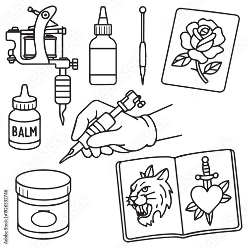 Tattoo studio equipment vector set - professional tools like tattoo machine, ink, and needles for artists.