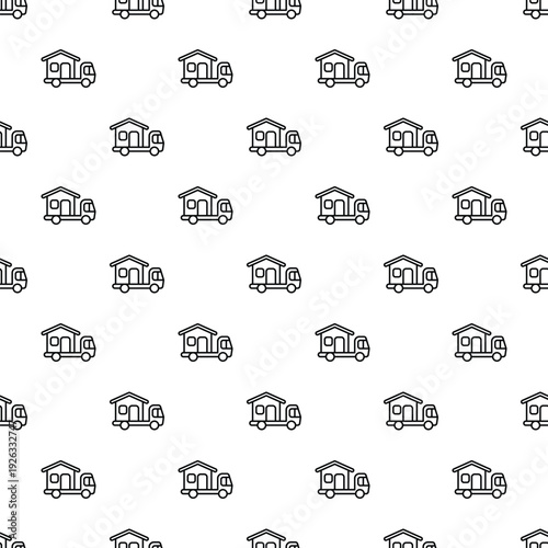 Outlined truck moving a house in a repetitive pattern on a white background