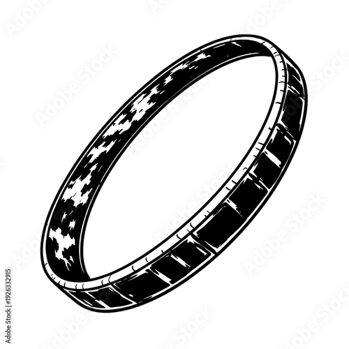 Dynamic Black and White Illustration of a Classic Cinematic Film Strip Forming an Abstract Oval Shape, Evoking Vintage Movie Aesthetics. Perfect for Retro Media, Filmmaking, or Creative Design Project