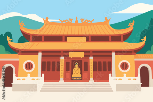 Illustration Of A Classic Temple Scene With A Buddha Statue In The Center, Mountains And Trees In The Background Vector Design Template