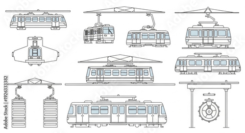 Detailed technical drawings of various tram and trolley car designs for urban transport systems.